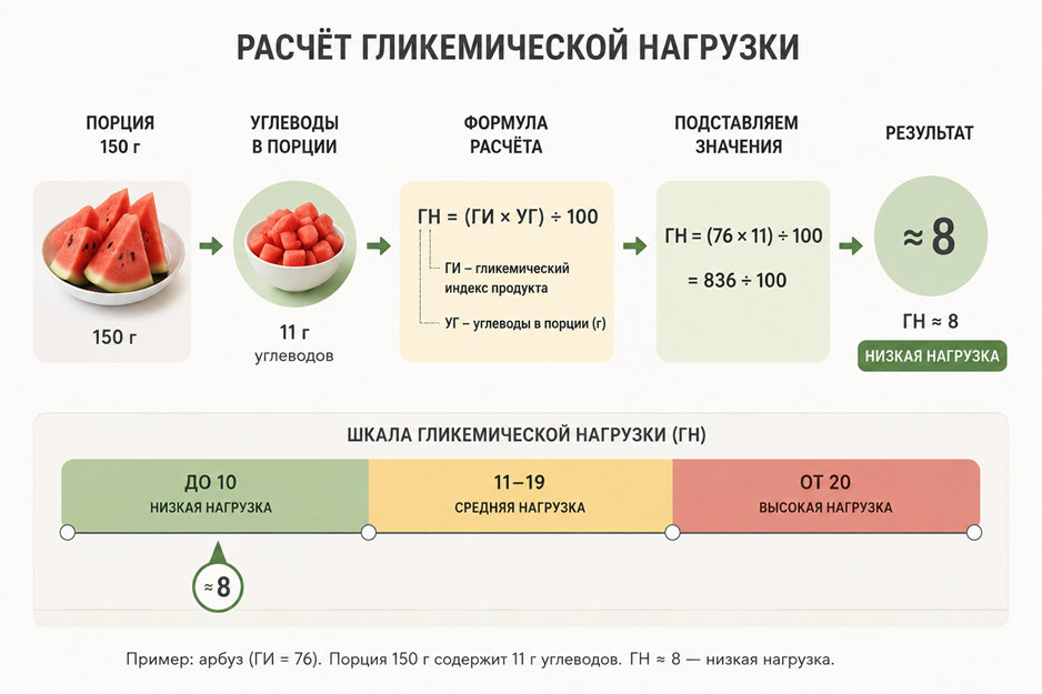 Расчёт гликемической нагрузки на примере порции арбуза