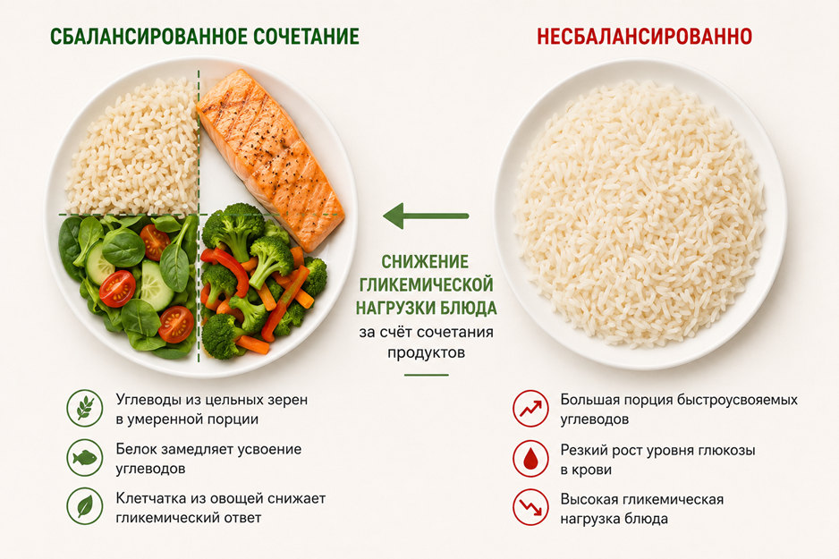 Сочетание продуктов на тарелке снижает гликемическую нагрузку блюда