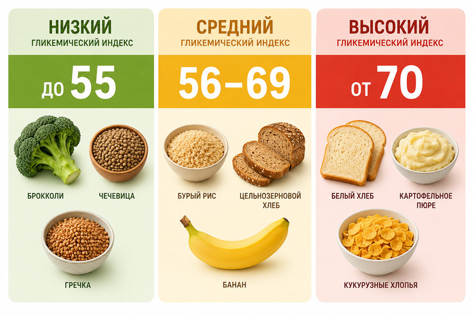 Три группы продуктов по гликемическому индексу: низкий, средний и высокий